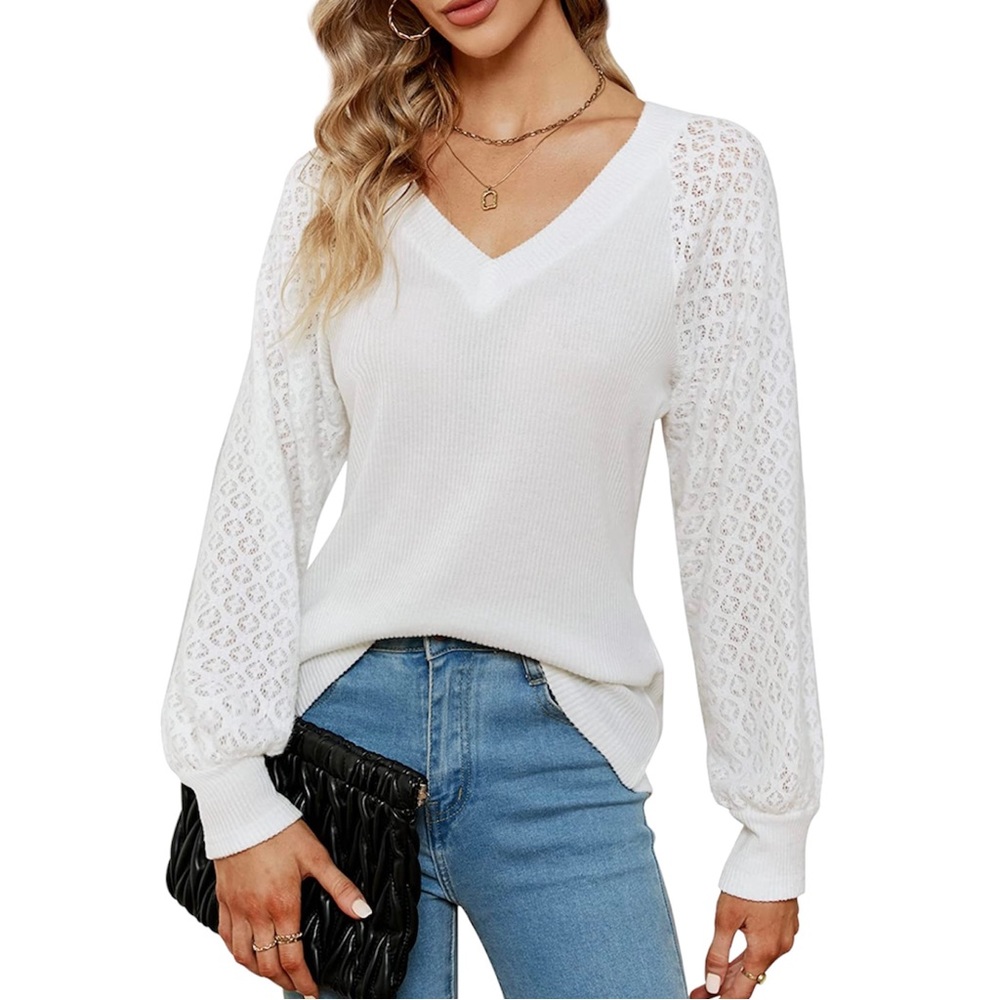 NWT Blooming Jelly Knit Sweater Long Sleeve Lace V Neck White XL